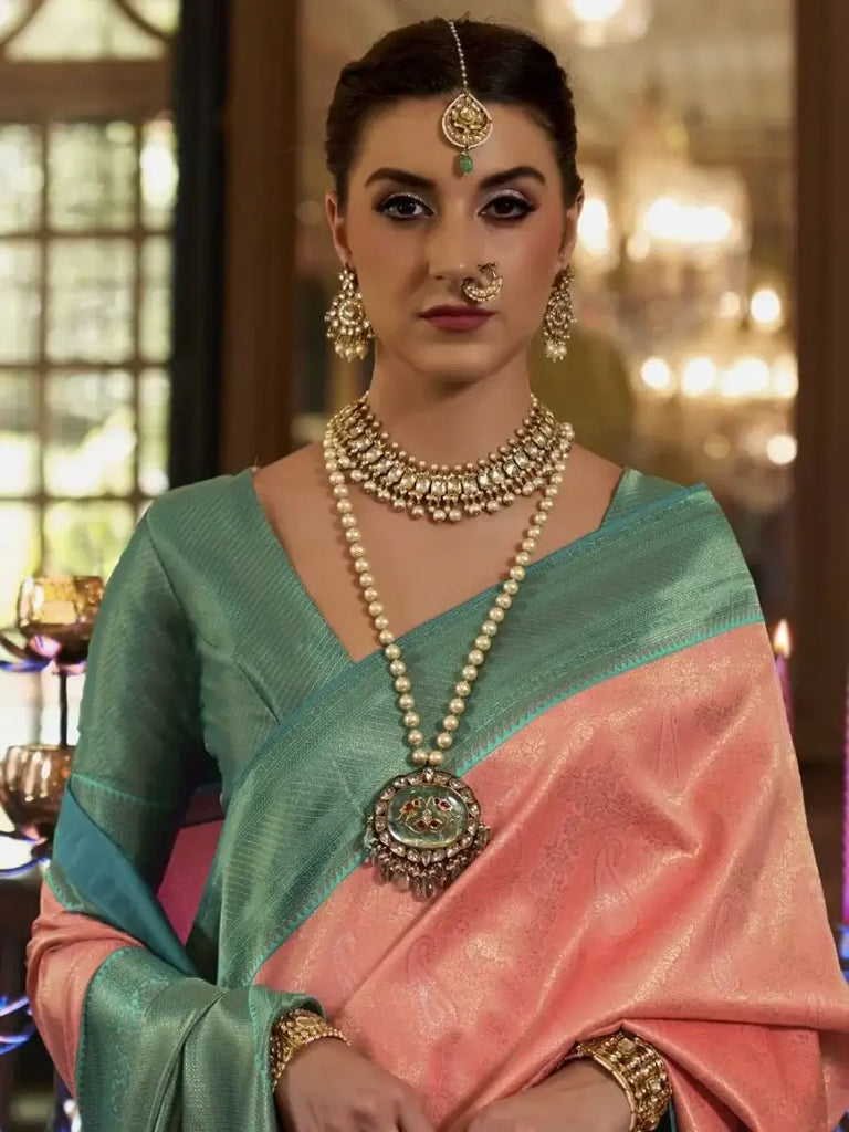 Irresistible Peach Heavy Weaving Kanjivaram Silk Wedding Wear Saree