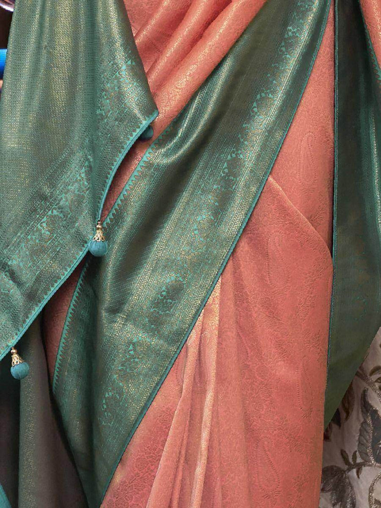 Irresistible Peach Heavy Weaving Kanjivaram Silk Wedding Wear Saree