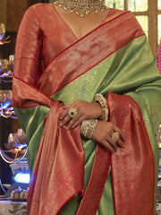 Prodigious Green Zari Weaving kanjivaram Silk Reception Wear Saree