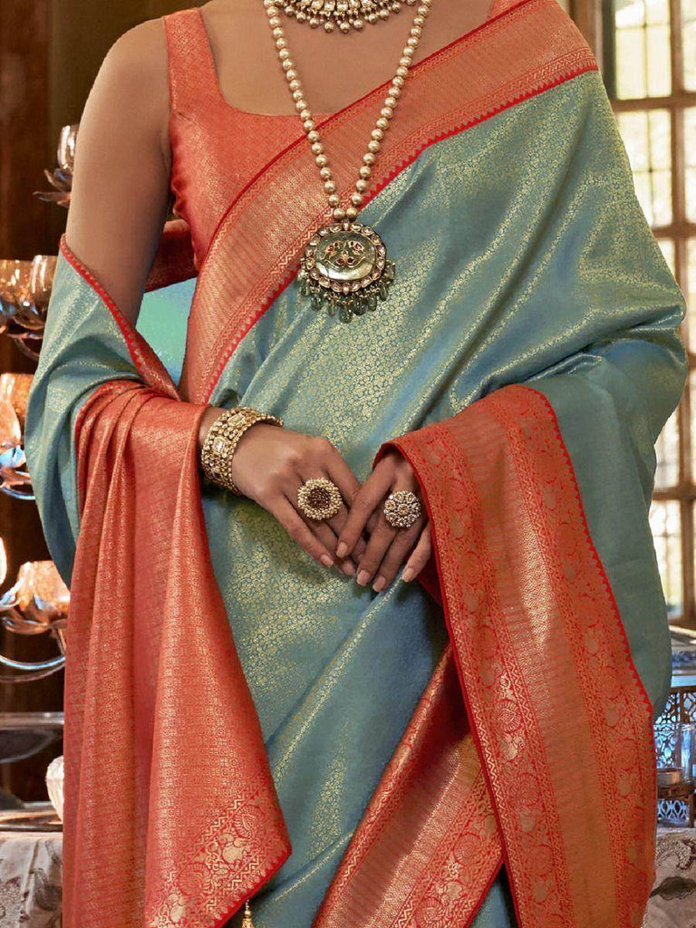 Tantalizing Sky Blue Zari Woven Kanjivaram Silk Sangeet Wear Saree