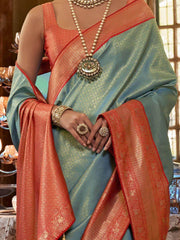 Tantalizing Sky Blue Zari Woven Kanjivaram Silk Sangeet Wear Saree