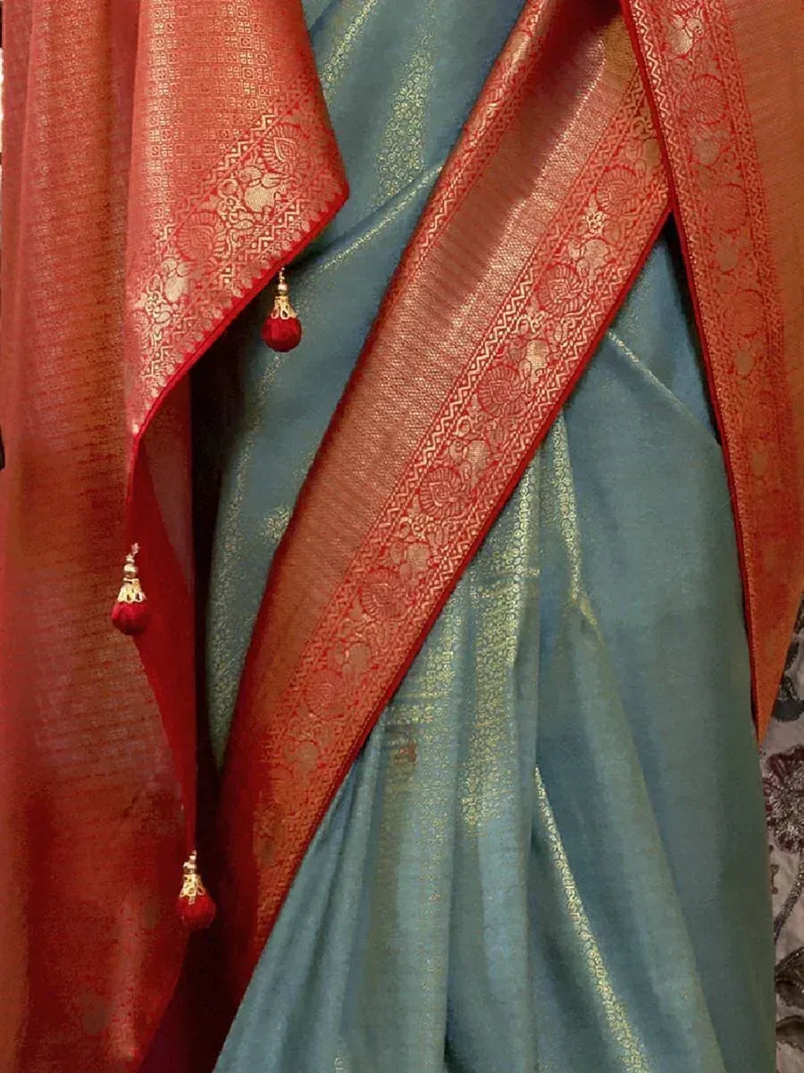 Tantalizing Sky Blue Zari Woven Kanjivaram Silk Sangeet Wear Saree