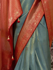 Tantalizing Sky Blue Zari Woven Kanjivaram Silk Sangeet Wear Saree