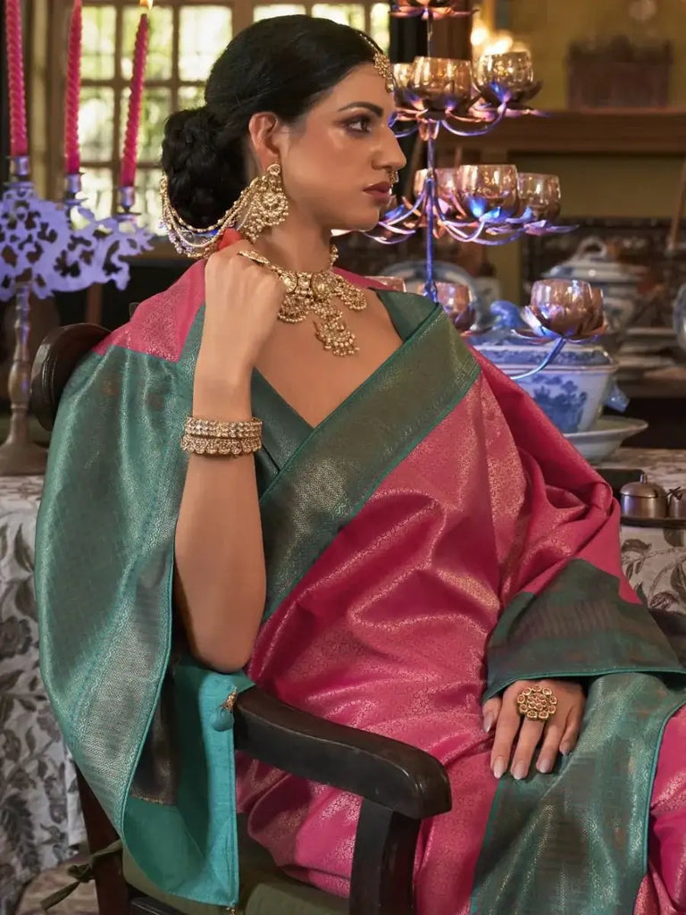 Impressive Pink Zari Weaving Kanjivaram Silk Wedding Wear Saree