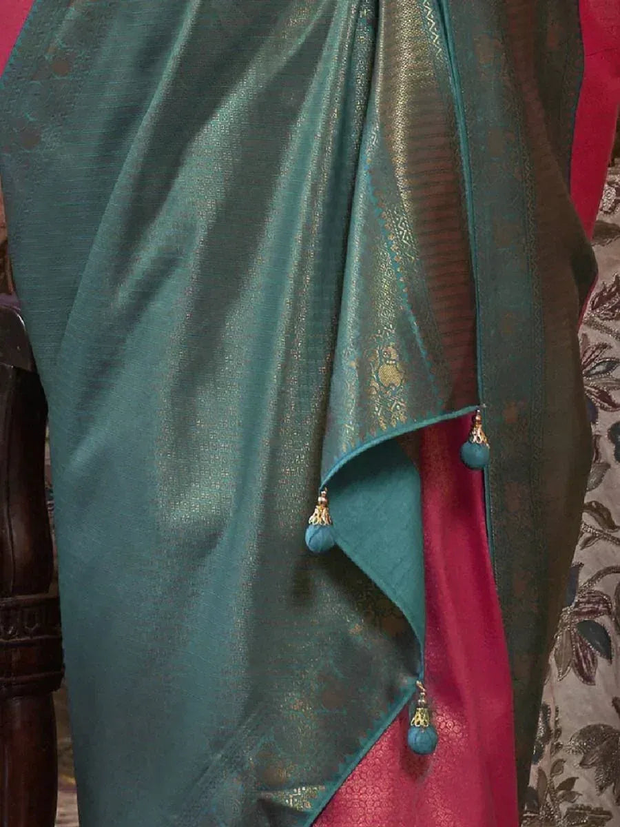 Impressive Pink Zari Weaving Kanjivaram Silk Wedding Wear Saree