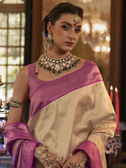 Outstanding Cream Heavy Weaving kanjivaram Silk Engagement Wear Saree
