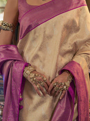 Outstanding Cream Heavy Weaving kanjivaram Silk Engagement Wear Saree