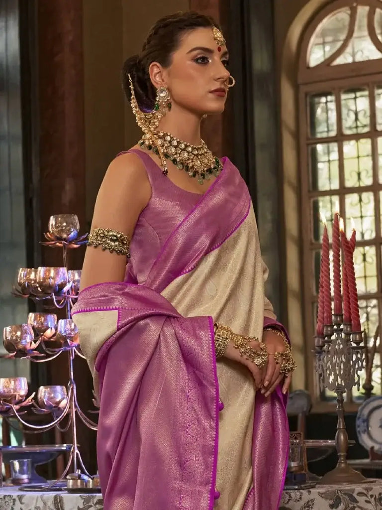 Outstanding Cream Heavy Weaving kanjivaram Silk Engagement Wear Saree