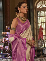 Outstanding Cream Heavy Weaving kanjivaram Silk Engagement Wear Saree