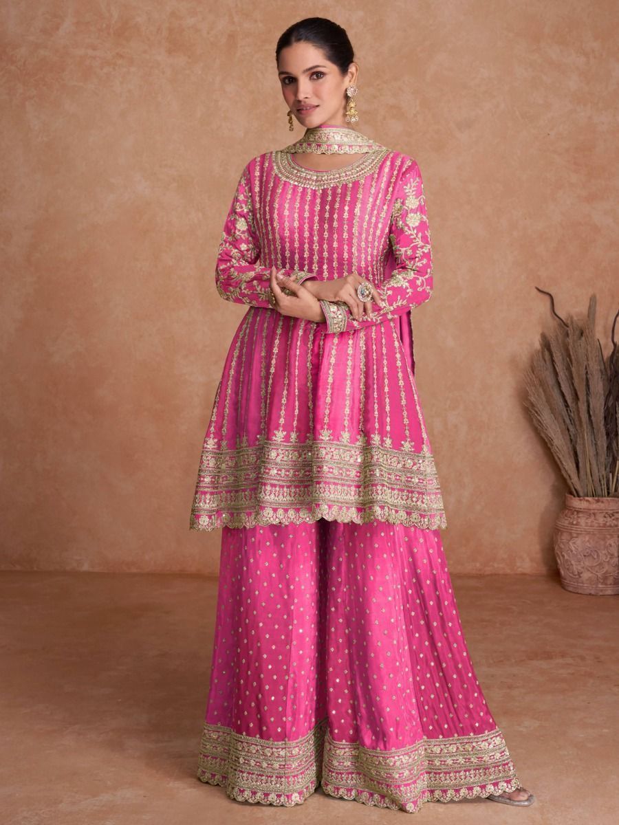Adorable Pink Embroidered Chinon Festival Wear Salwar Suits