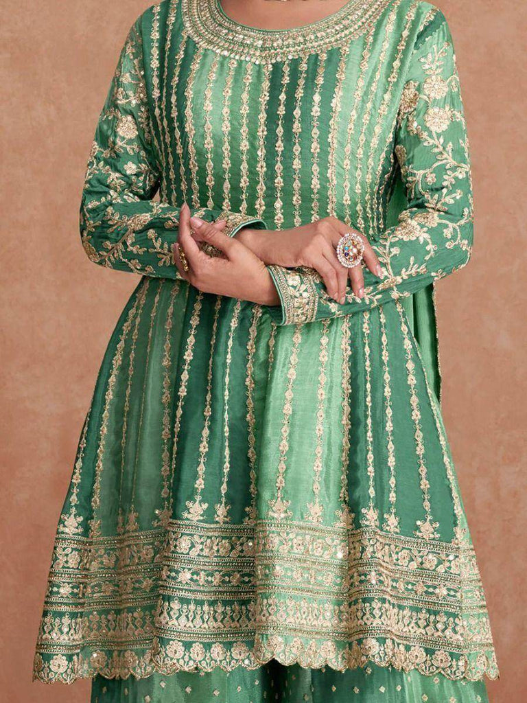 Stunning Green Embroidered Chinon Wedding Wear Salwar Suits