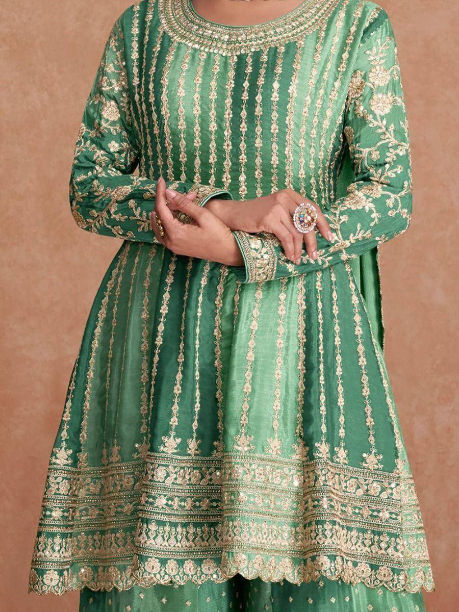 Emerald green embroidered anarkali with gold detailing, perfect for Indian ethnic occasions