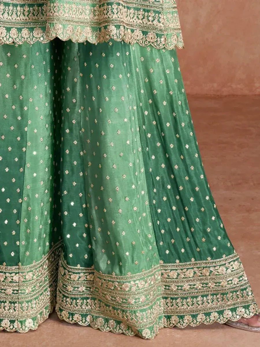 Emerald green lehenga with gold embroidery and scalloped border, Indian ethnic wear