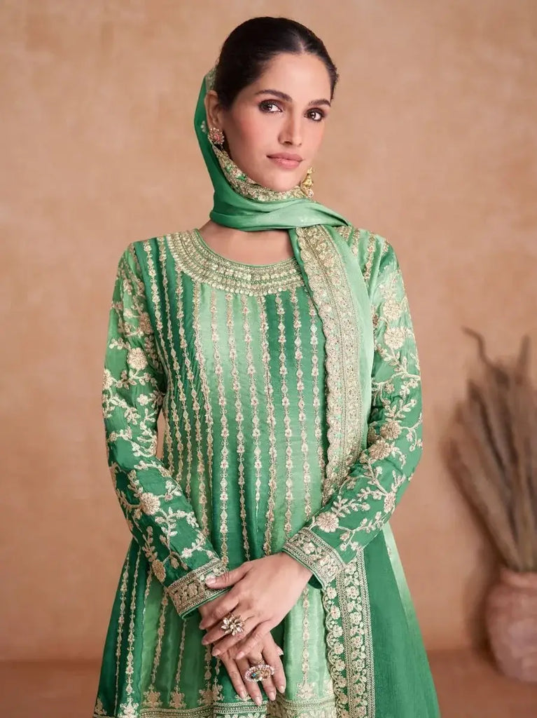 Stunning Green Embroidered Chinon Wedding Wear Salwar Suits