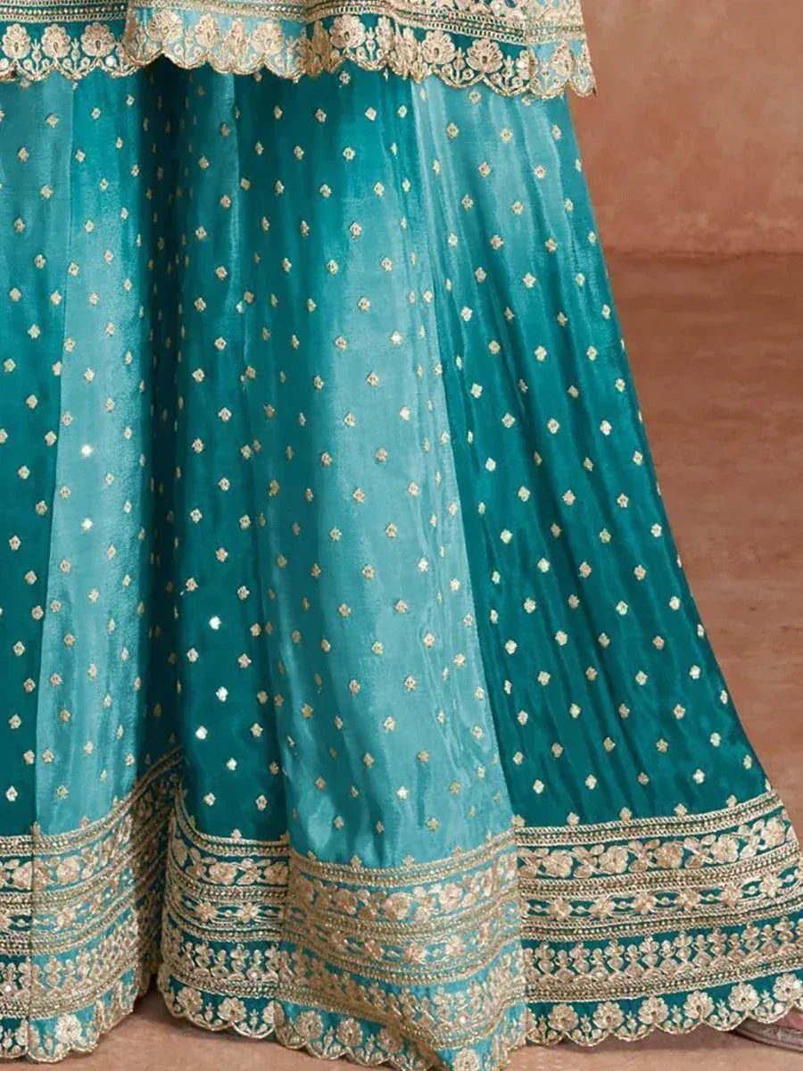 Teal designer lehenga with gold embroidery and scalloped border, ethnic wear for women