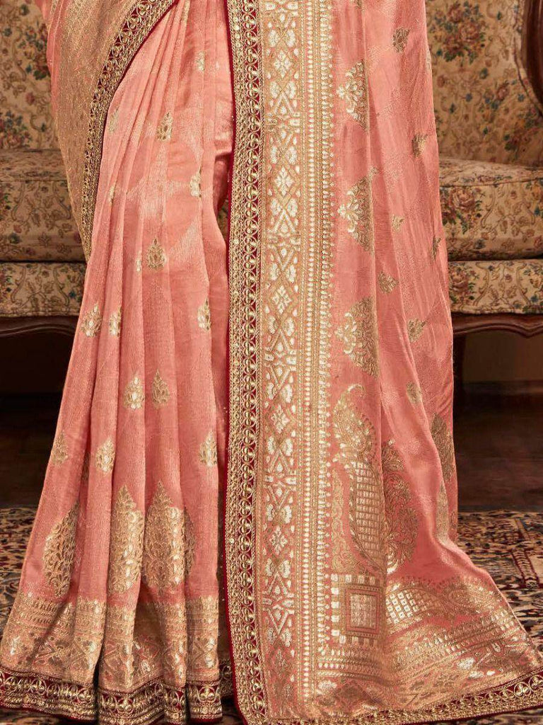 Stunning Peach Zari-Weaving Dola Silk Reception Wear Sarees with Blouse