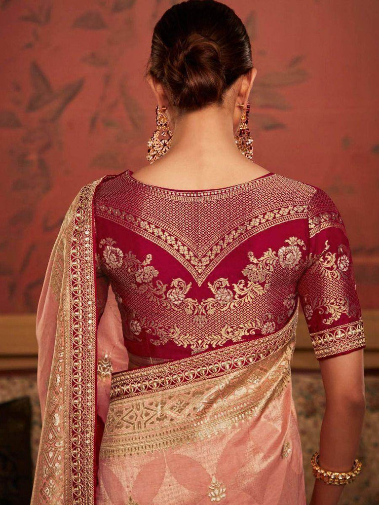 Stunning Peach Zari-Weaving Dola Silk Reception Wear Sarees with Blouse