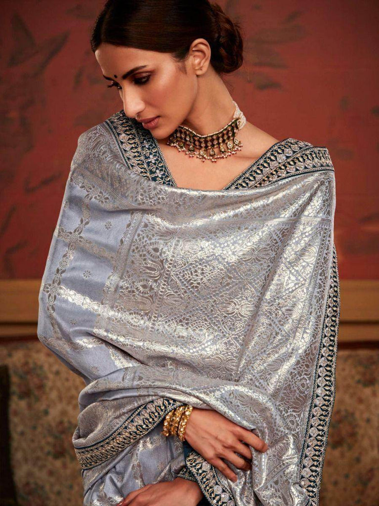 Stunning Grey Zari Weaving Dola Silk Reception Wear Saree with Blouse