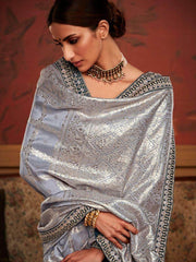 Stunning Grey Zari Weaving Dola Silk Reception Wear Saree with Blouse