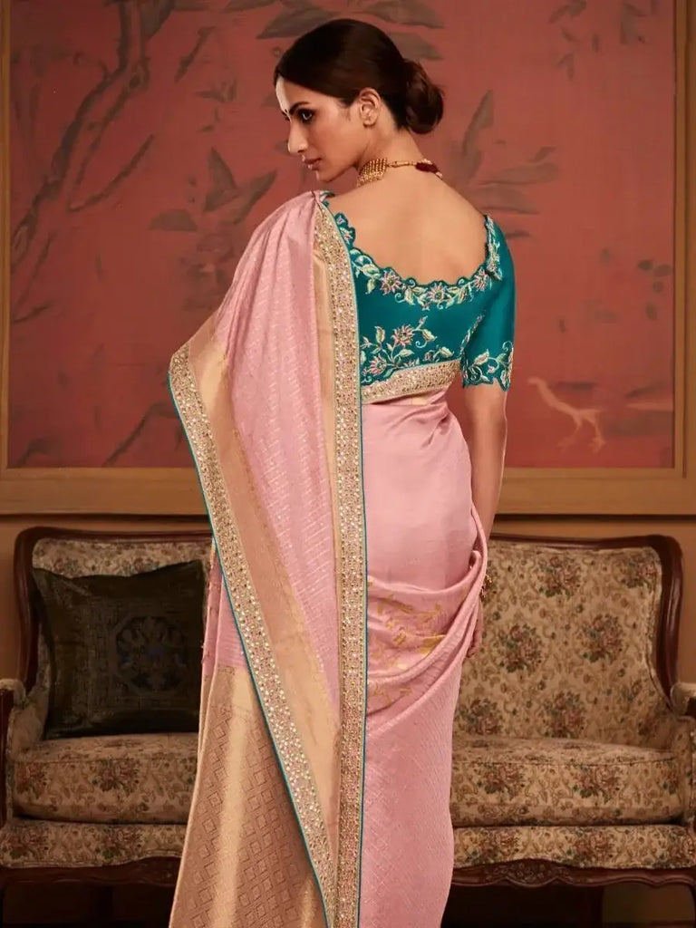 Perfect Pink Zari Weaving Dola Silk Reception Wear Saree with Blouse