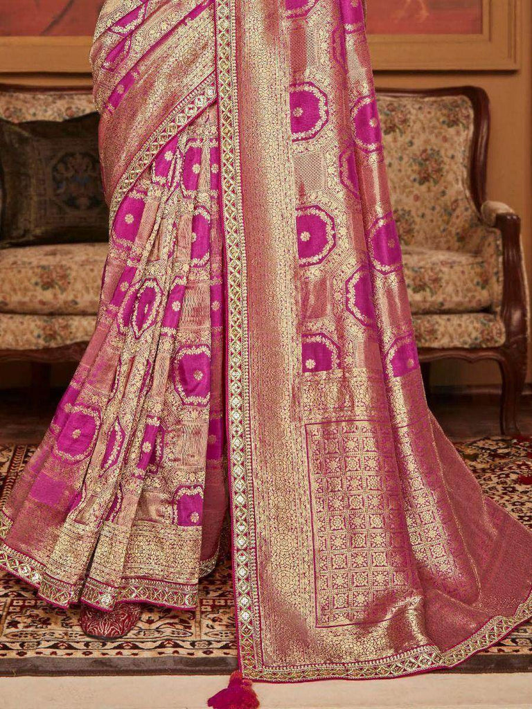 Glamorous Magenta Zari Weaving Dola Silk Reception Saree With Blouse