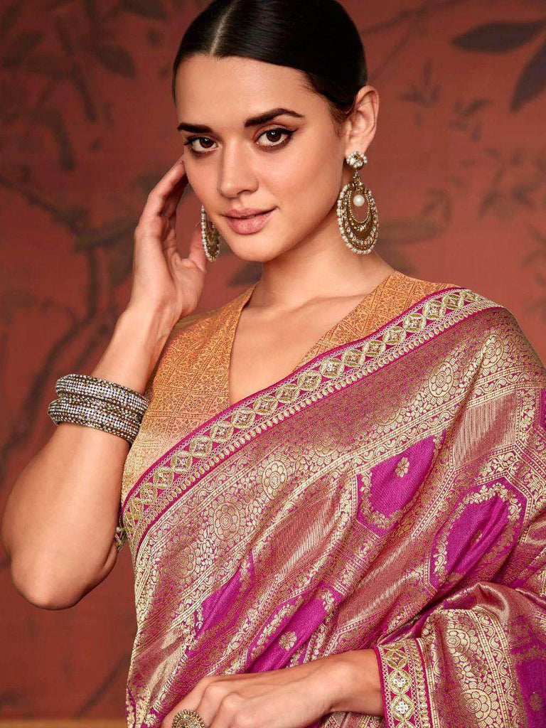 Glamorous Magenta Zari Weaving Dola Silk Reception Saree With Blouse