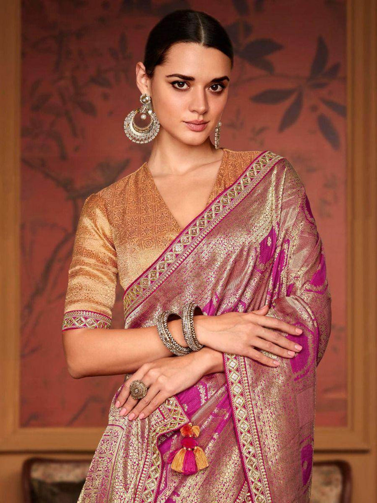 Glamorous Magenta Zari Weaving Dola Silk Reception Saree With Blouse