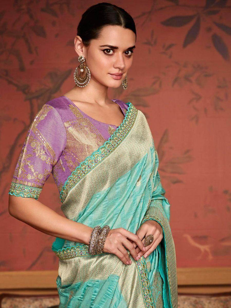 Rocking Sky-Blue Zari Weaving Dola Silk Reception Saree with Blouse