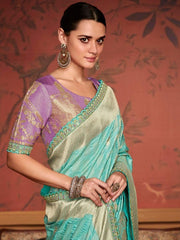 Rocking Sky-Blue Zari Weaving Dola Silk Reception Saree with Blouse