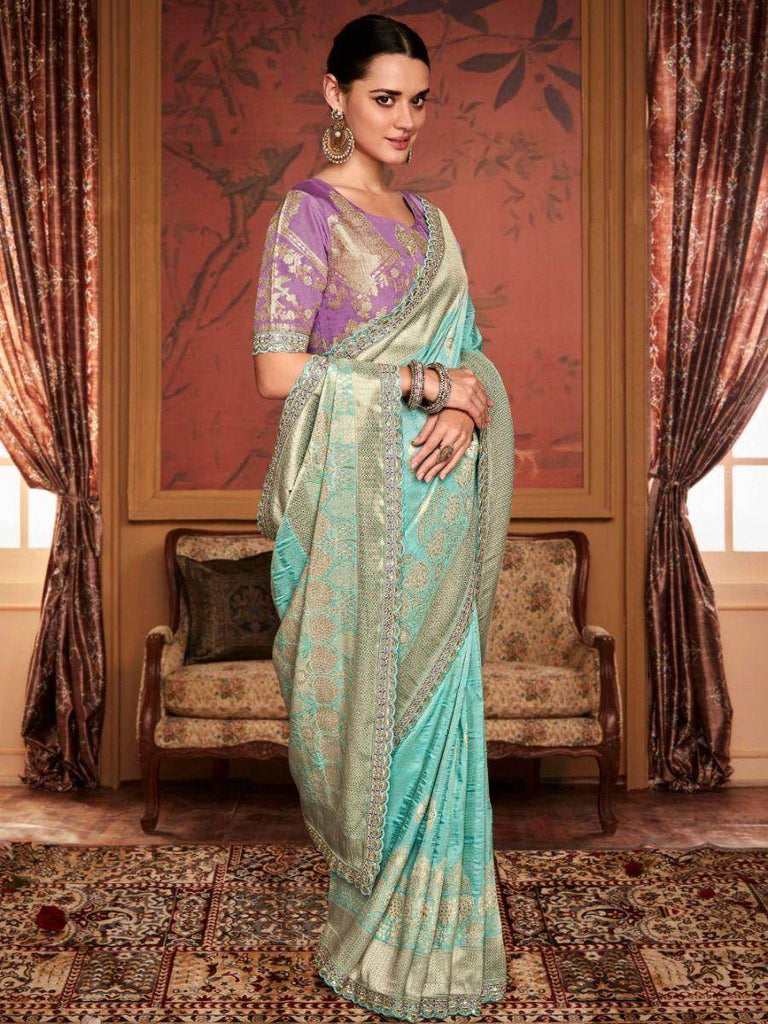 Rocking Sky-Blue Zari Weaving Dola Silk Reception Saree with Blouse