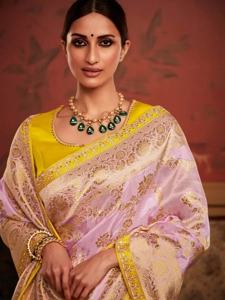 Lavish Lavender Zari Weaving Dola Silk Reception Saree with Blouse
