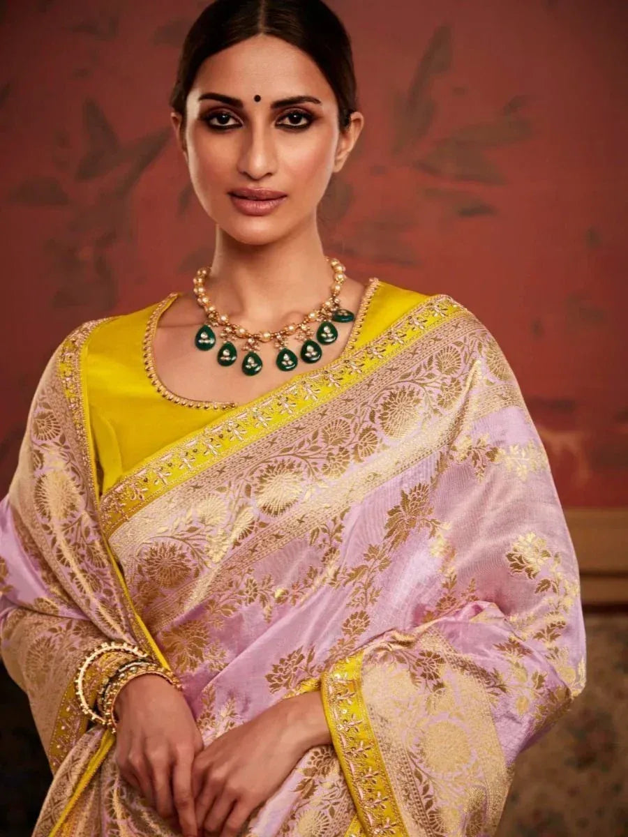 Elegant lavender and gold embroidered saree with yellow blouse, perfect for Indian ethnic occasions