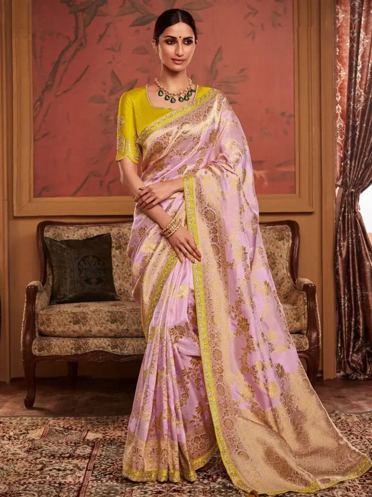 Lavish Lavender Zari Weaving Dola Silk Reception Saree with Blouse