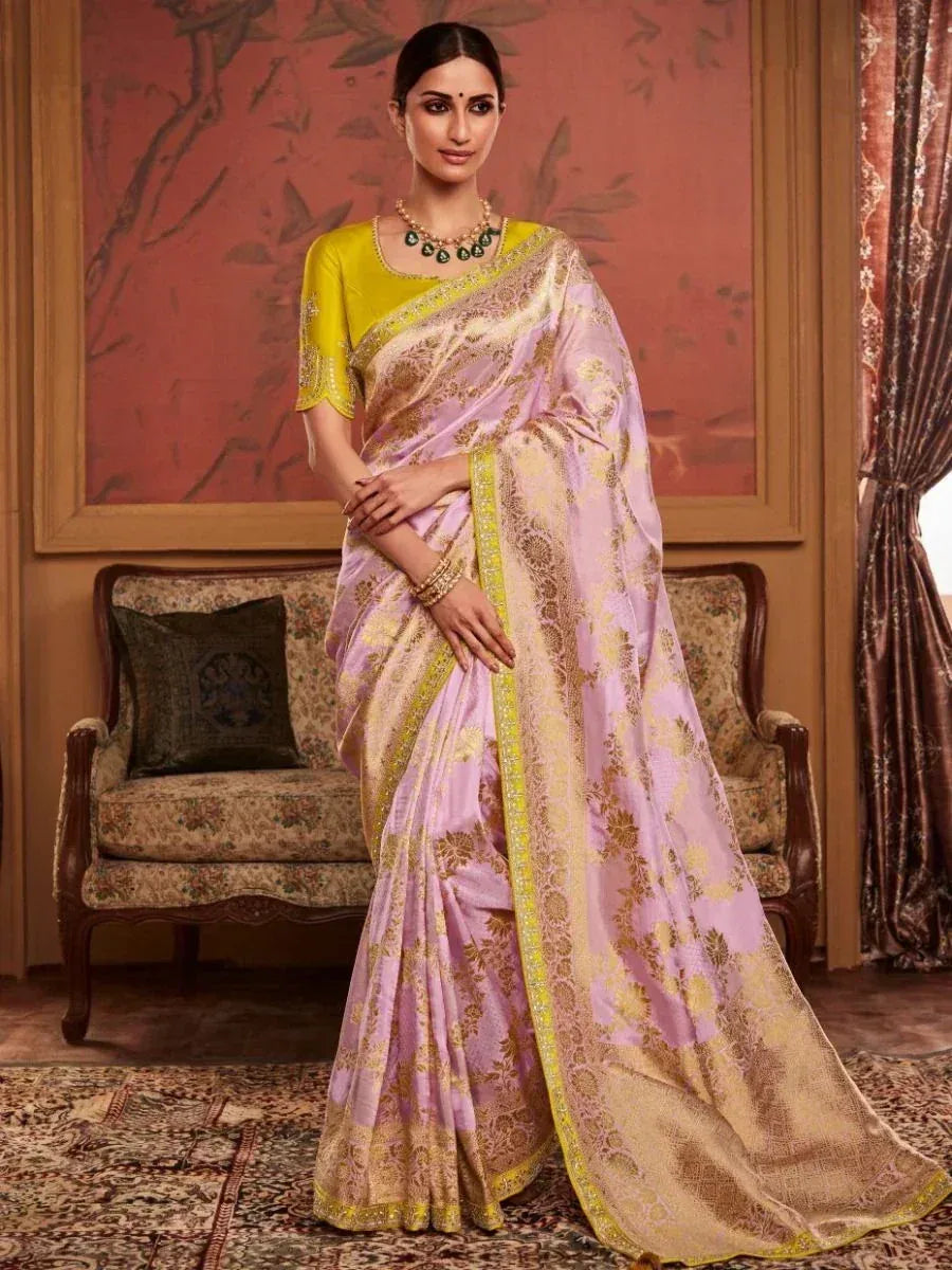 Lavender and gold designer saree with yellow blouse, perfect for Indian ethnic occasions