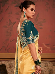Sunshine Yellow Zari Weaving Dola Silk Reception Wear Saree With Blouse