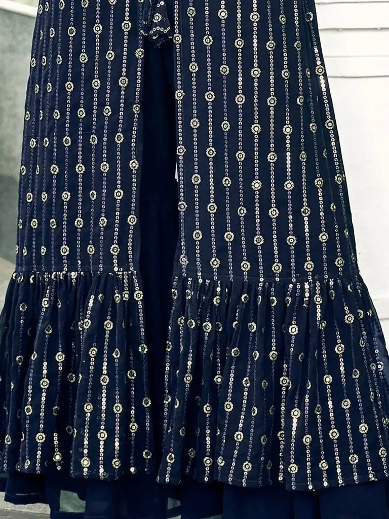 Rocking Navy Blue Embroidered Georgette Crop Top Sharara with Jacket