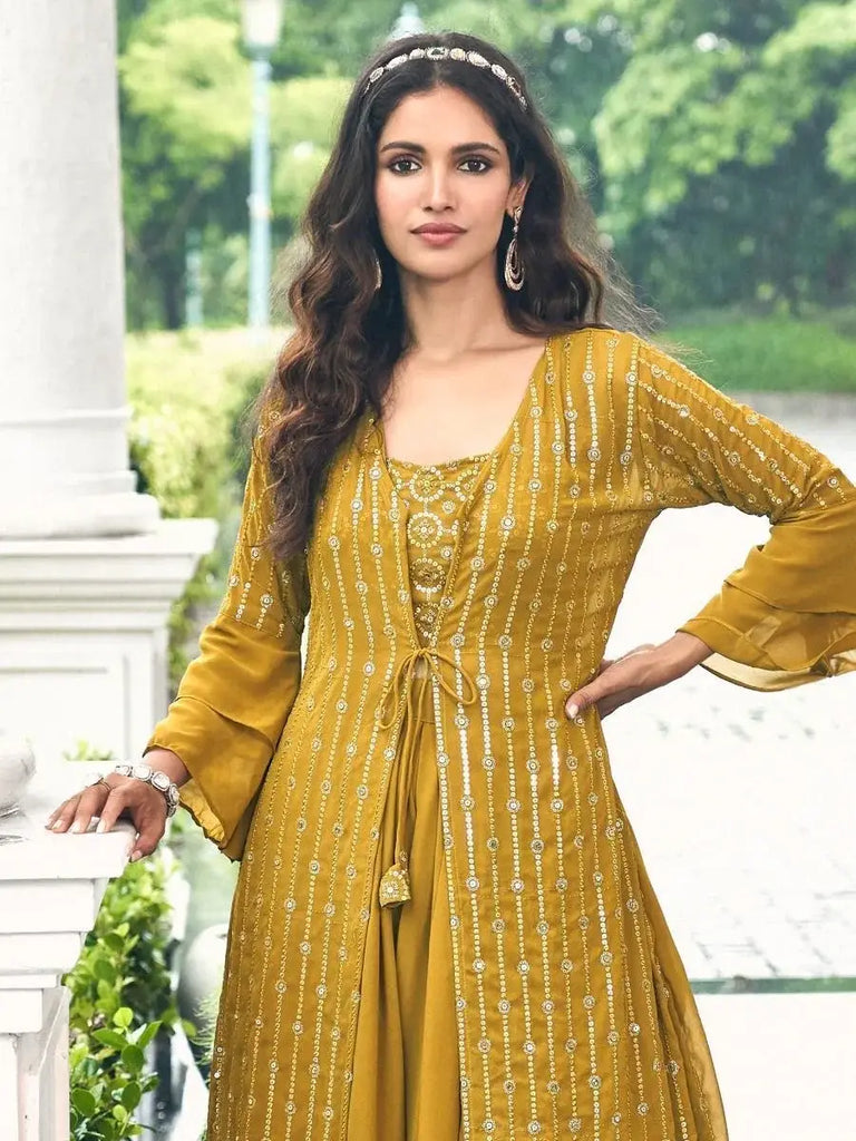 Adorable Yellow Embroidered Georgette Crop Top Sharara with Jacket