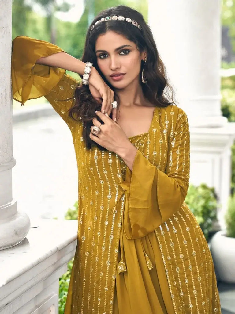 Adorable Yellow Embroidered Georgette Crop Top Sharara with Jacket