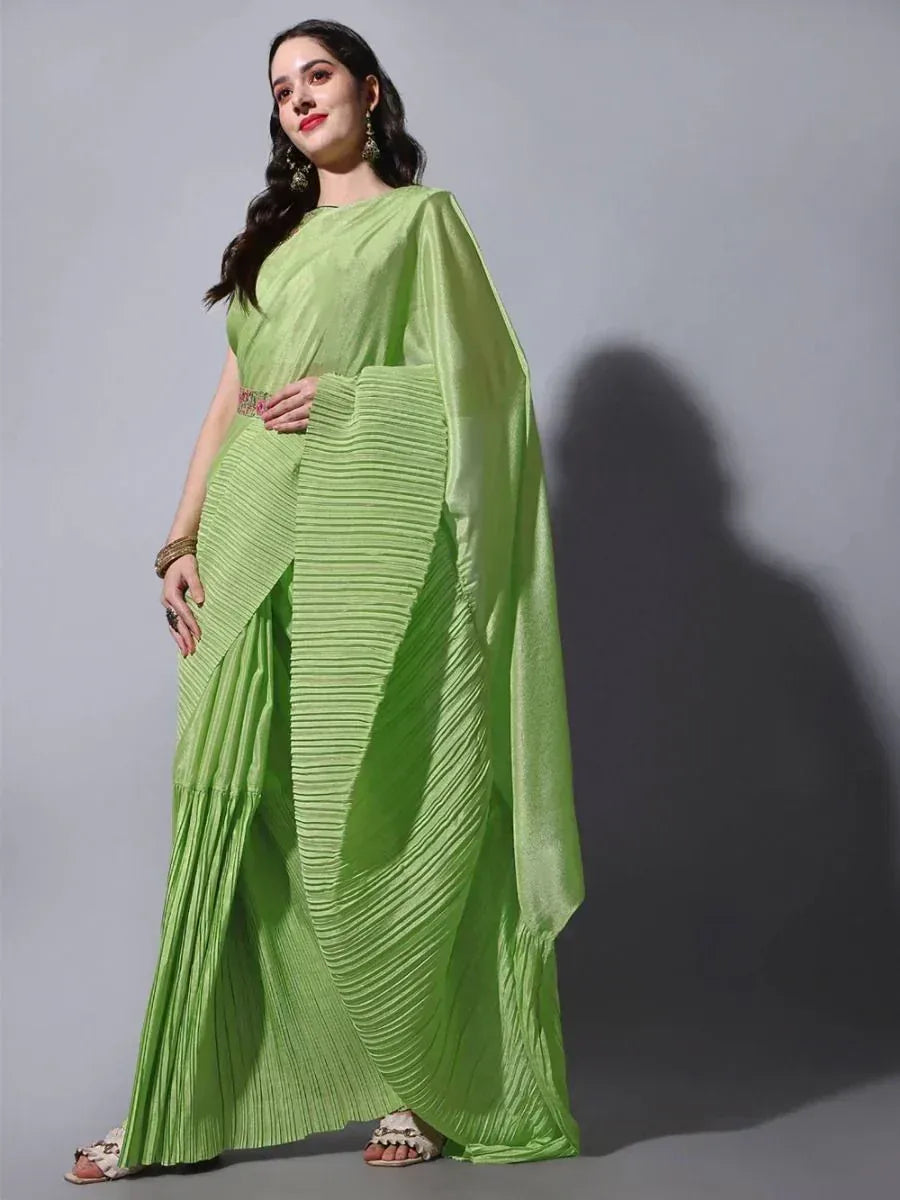 Lime green pleated saree with designer drape, ethnic wear for women