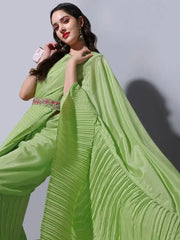 Spectacular Pastel Green Chinon Party Wear Crushed Saree