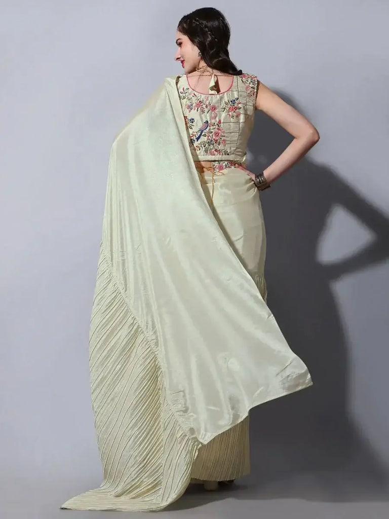 Astonishing Beige Chinon Festival Wear Crushed Saree With Blouse