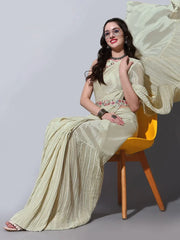 Astonishing Beige Chinon Festival Wear Crushed Saree With Blouse