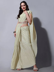 Astonishing Beige Chinon Festival Wear Crushed Saree With Blouse