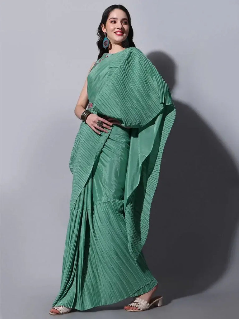 Capricious Teal Green Chinon Crushed Saree With Embroidered Blouse