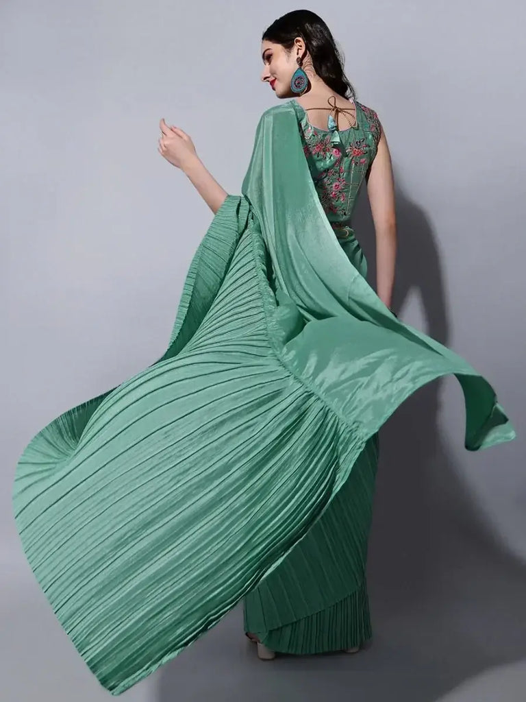 Capricious Teal Green Chinon Crushed Saree With Embroidered Blouse