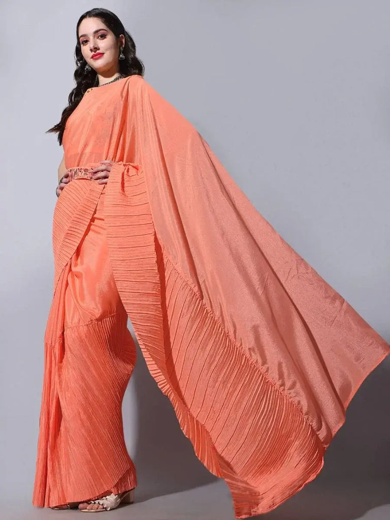 Gorgeous Orange Chinon Cocktail Party Wear Crushed Saree