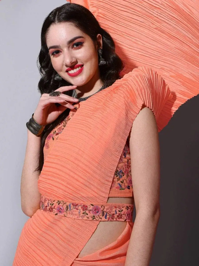 Gorgeous Orange Chinon Cocktail Party Wear Crushed Saree