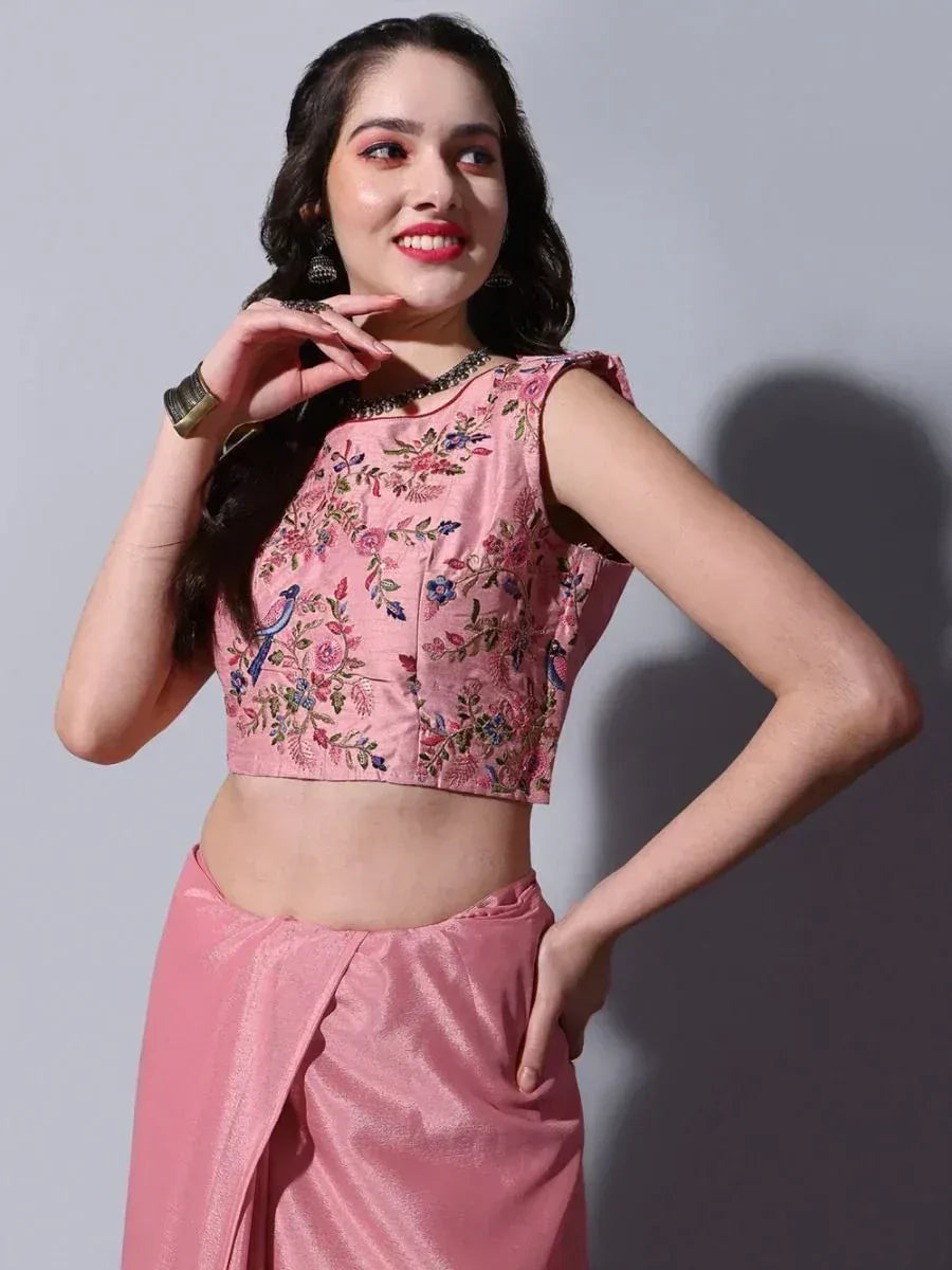 Pink floral embroidered crop top with matching skirt, Indian ethnic wear