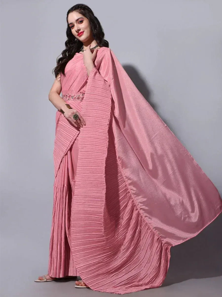 Pink pleated saree with embroidered waistband, ethnic Indian wear for women