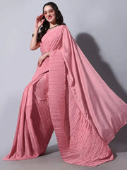 Endearing Pink Chinon Bollywood Crushed Saree With Blouse